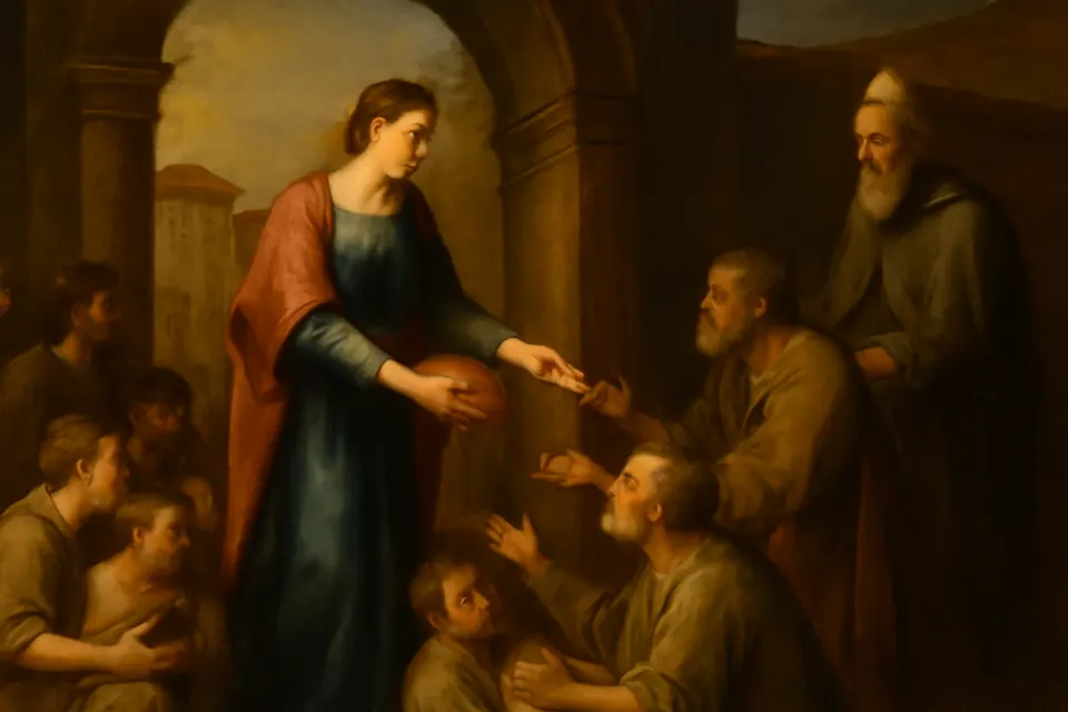Oil-painting-style scene of a young noblewoman in a blue gown handing out bread and coins to poor townspeople at the door of a Roman house