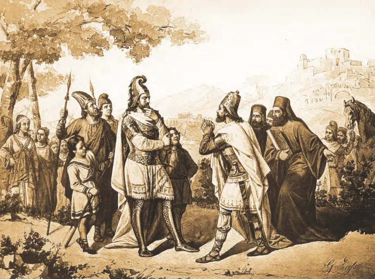 Sepia drawing of a tall commander in a crested helmet and cloak standing among soldiers, priests and nobles, while another nobleman pleads with him, a hill town in the background