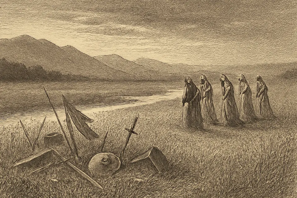 Engraving-style scene of a quiet battlefield at dusk on a wide plain by a river, with broken spears, a fallen banner with a cross and mourners walking among the grass
