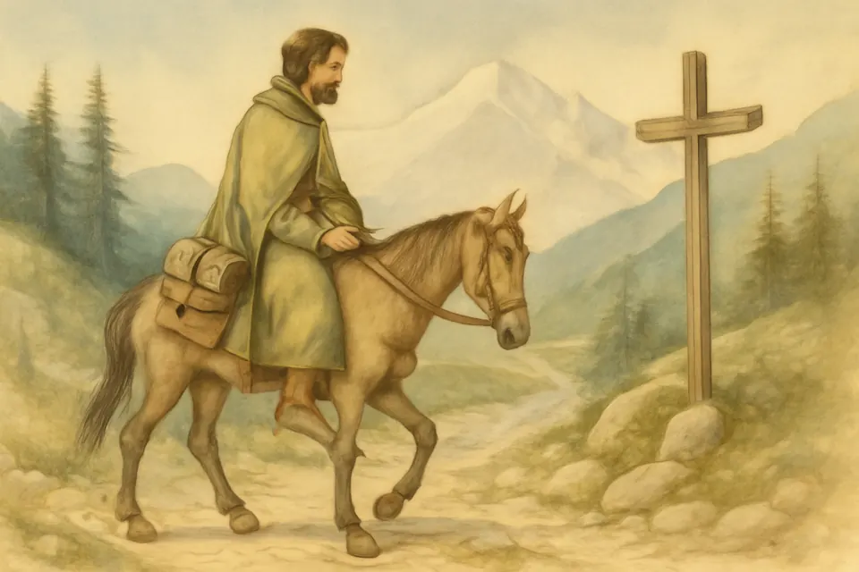 Watercolor-style scene of a young traveler on horseback with a satchel climbing a mountain pass through the Alps