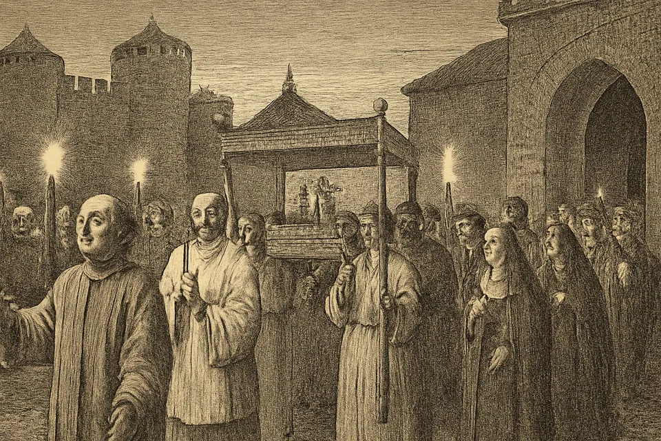 Engraving-style scene of a night procession with torches carrying a reliquary of the True Cross toward a convent, singing clergy and nuns in front