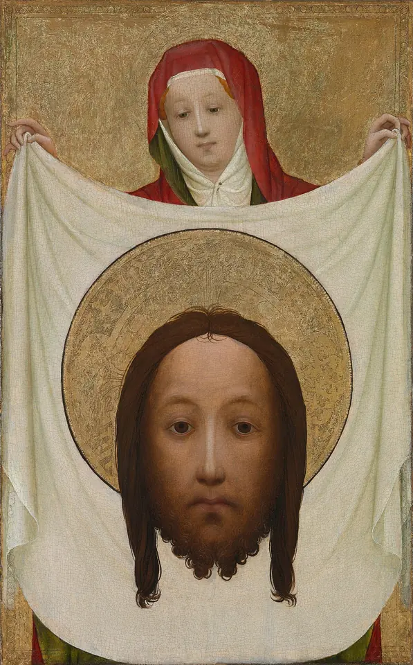 Gold-ground German panel of Veronica in a red mantle holding up a large white cloth on which Christ's face appears with a golden halo