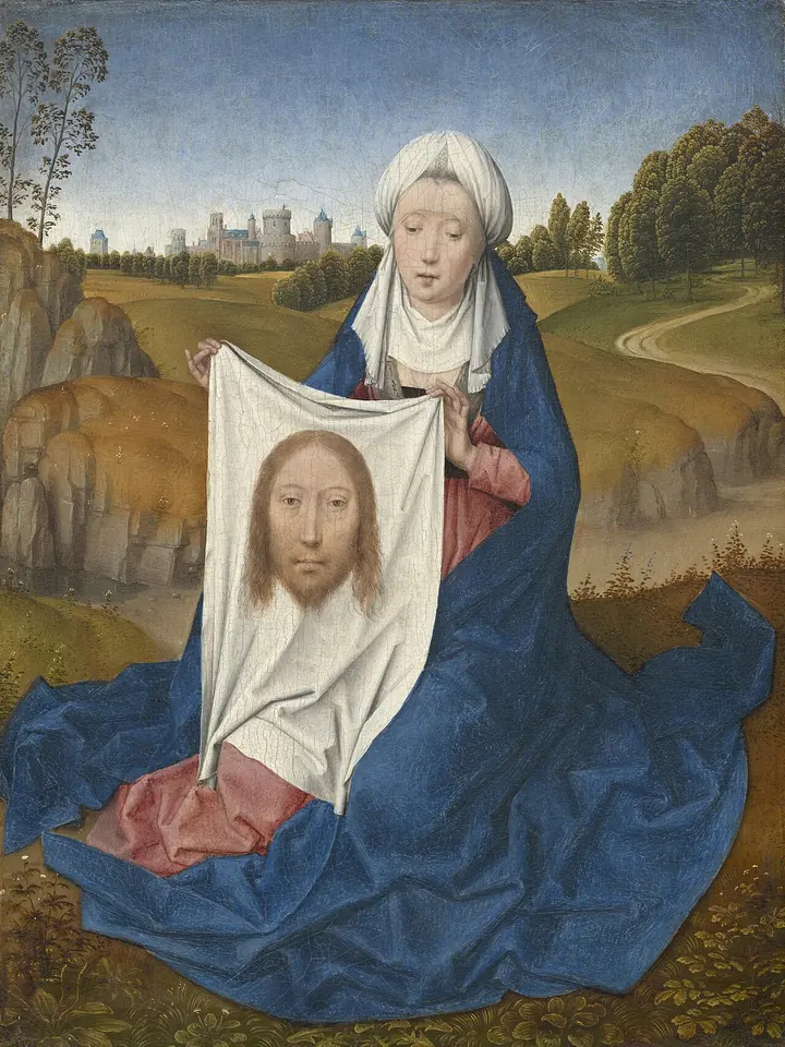 Netherlandish painting of Veronica in a blue mantle and white wimple kneeling in a green landscape, holding a cloth with the face of Christ in her lap