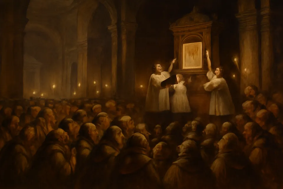Illustration of medieval pilgrims crowding to see the Veronica displayed in old St. Peter's Basilica in Rome