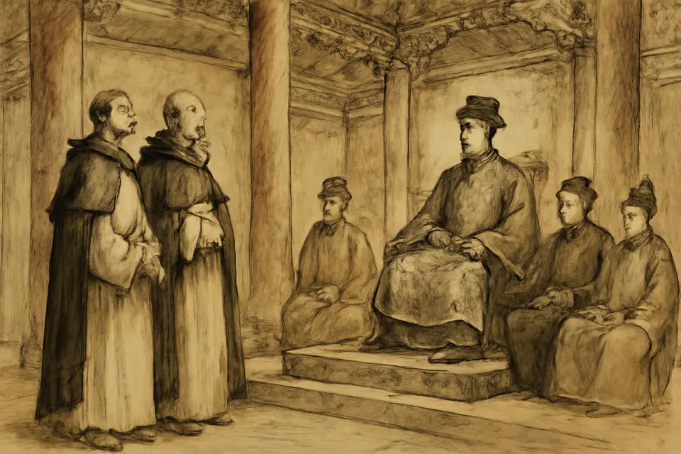 Ink-style scene of two Catholic priests, one Vietnamese and one Spanish, speaking respectfully before a Vietnamese lord on a raised dais while Buddhist, Confucian and Taoist scholars listen