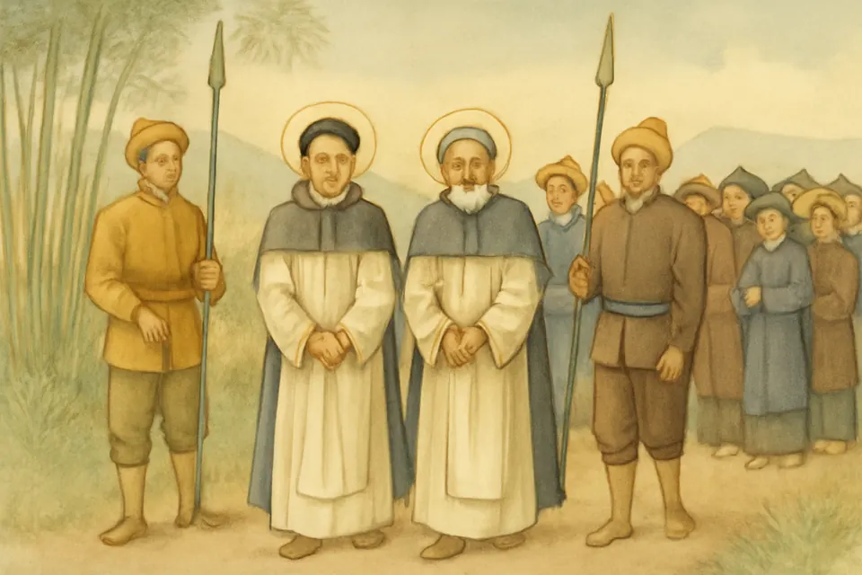 Watercolor-style scene of two Dominican priests in white habits walking calmly together, praying, through a crowd of Vietnamese villagers under guard of soldiers