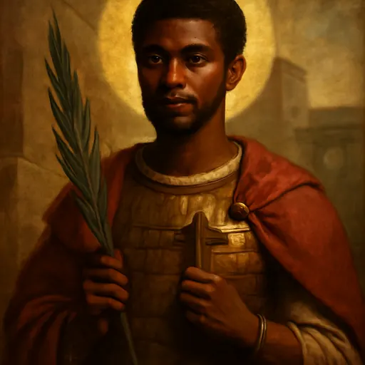Oil-painting-style portrait of St. Victor Maurus, a young dark-skinned Roman soldier from North Africa in a bronze breastplate and red cloak, holding a martyr's palm
