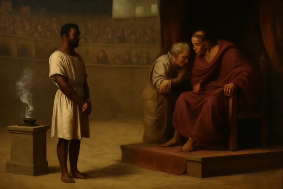 Oil-painting-style scene of a young African soldier standing before a Roman emperor in a circus arena, refusing to offer incense at a small altar