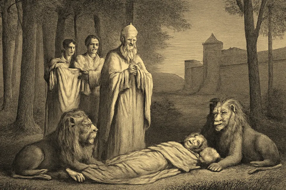 Engraving-style scene of an old bishop and his clerics finding the body of a martyr in a wood of elm trees, guarded by two lions