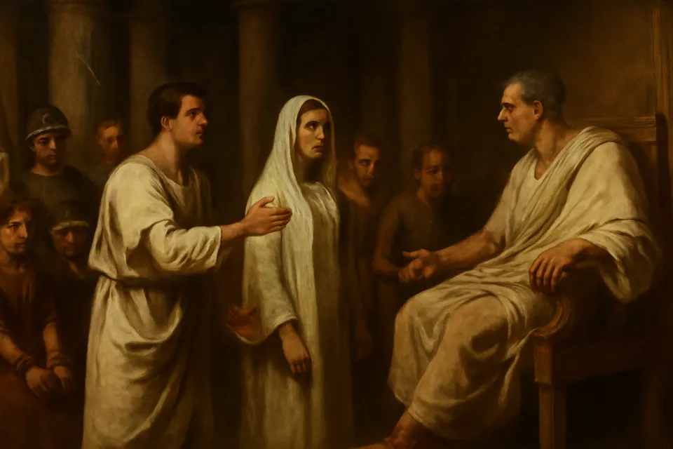 Oil-painting-style scene of a young veiled woman standing calmly before a Roman proconsul while her brother pleads beside her