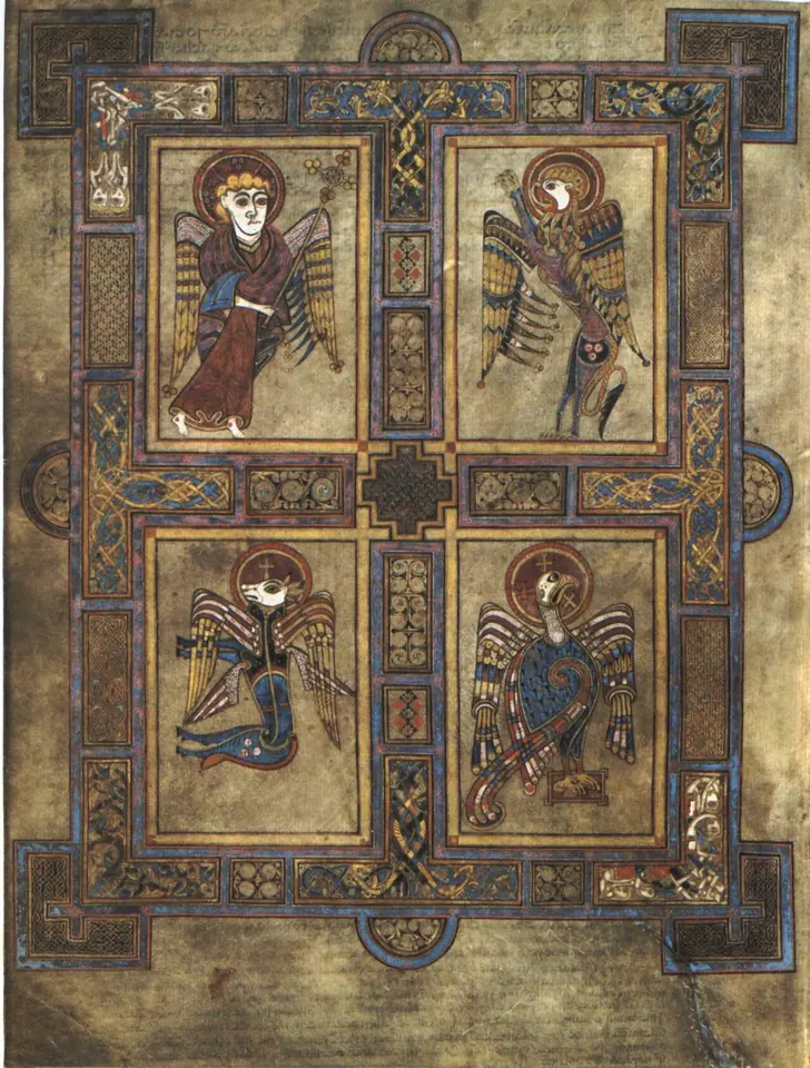 A decorated manuscript page divided into four panels showing a winged man, a lion, a calf and an eagle, framed with interlace