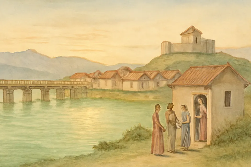 Watercolor-style view of a Roman town on a broad river, with a bridge, a fort and a small Christian house church