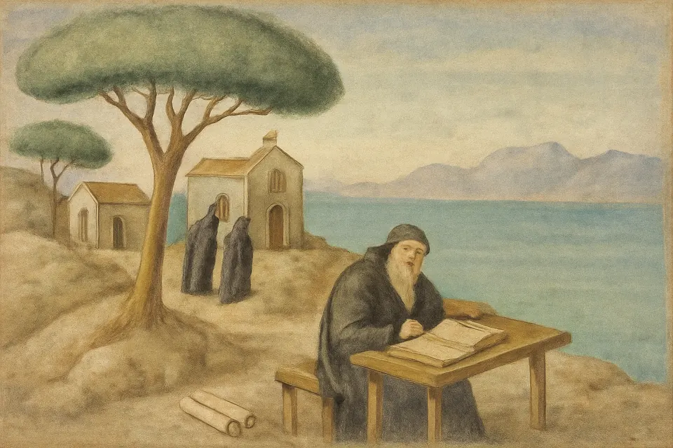 Fresco-style scene of a monk writing at a table under pine trees on a small island, with other monks at prayer and the sea beyond