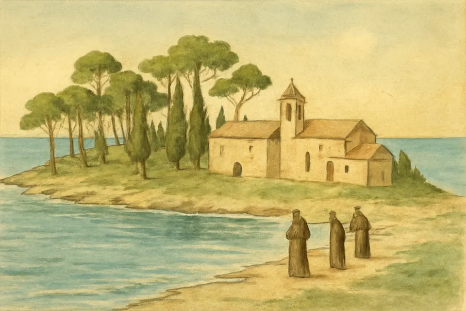 Watercolor-style view of a small pine-covered island with simple stone monastery buildings in a blue sea off the coast of Provence