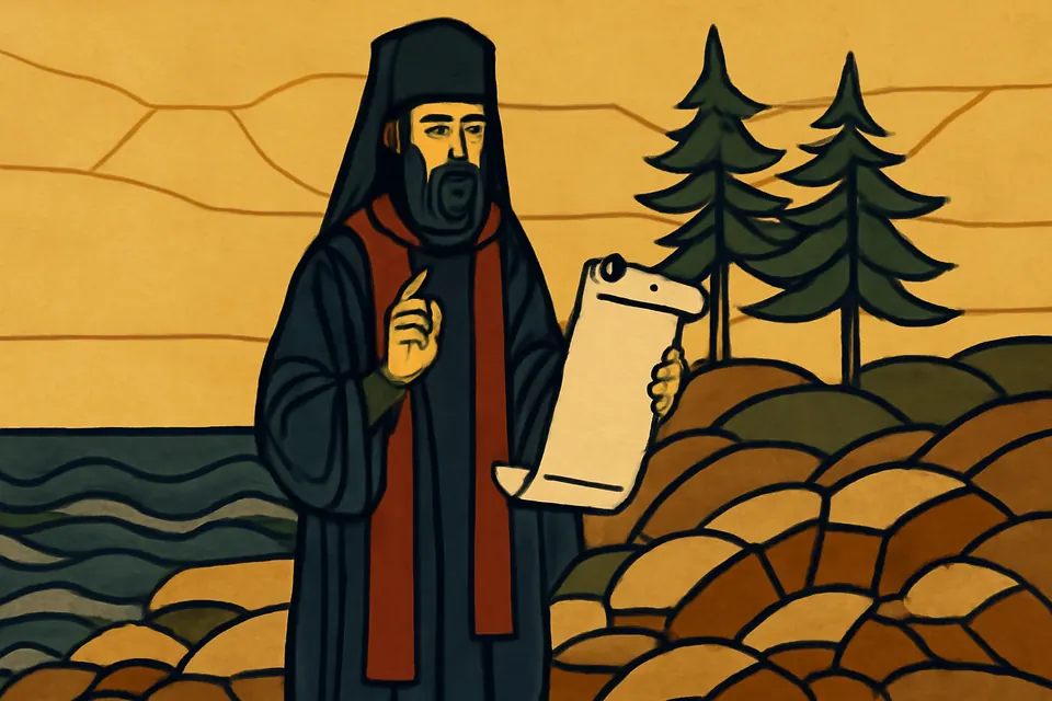 Icon-style figure of a bearded monk in a dark habit holding an unrolled scroll and blessing, on a rocky shore with pines under a gold sky