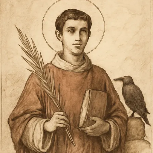 Oil-painting-style portrait of St. Vincent of Saragossa as a young deacon in a red dalmatic, holding a palm and a book, with a raven beside him