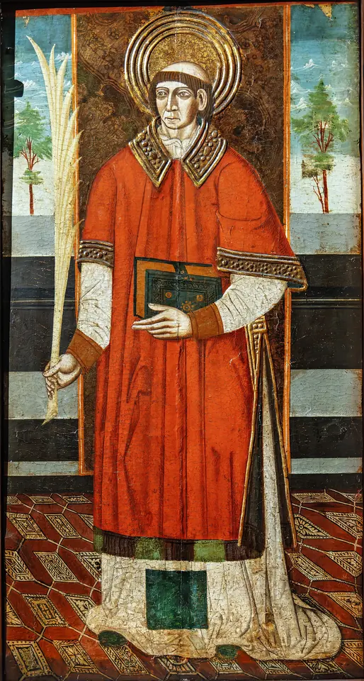 Late Gothic Spanish panel of St. Vincent as a young tonsured deacon in a bright orange-red dalmatic over white, holding a palm and a red book, against a tiled floor and gold background