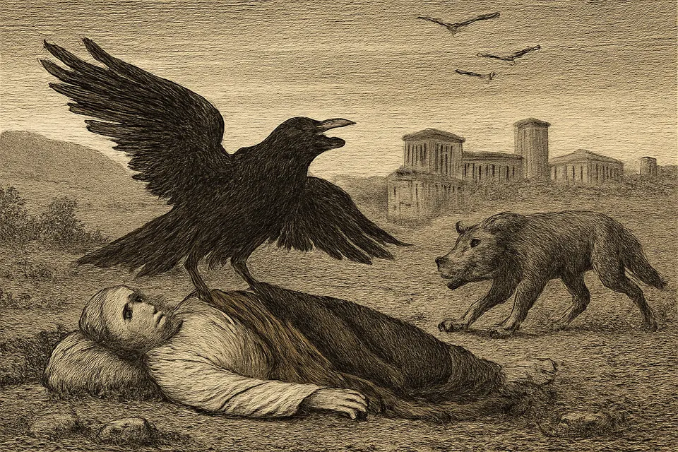 Illustration of a black raven driving off a wolf from the body of St. Vincent lying in an open field