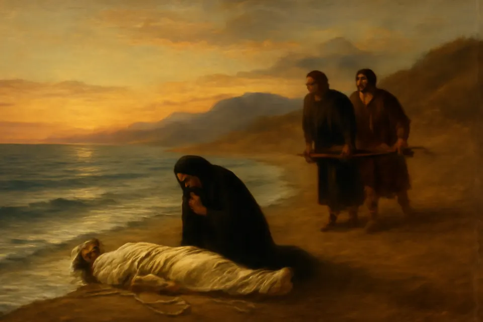 Illustration of a widow and two Christians finding St. Vincent's body washed up on a beach at dawn