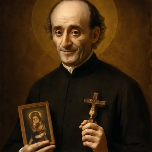 Oil-painting-style portrait of St. Vincent Pallotti as a thin, balding Roman priest in a black cassock, gently holding a small holy picture of the Virgin and Child