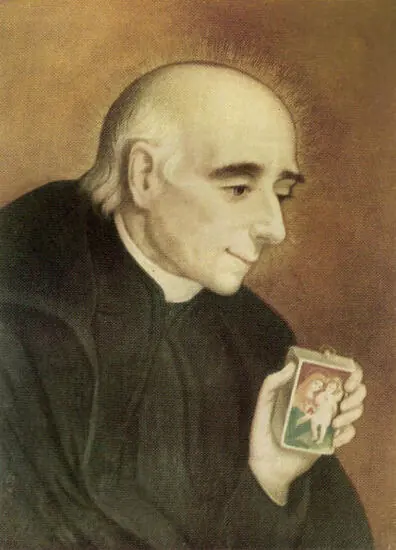 Devotional painting of a balding priest in a black cassock with a soft halo, smiling gently as he looks down at a small picture of the Virgin and Child in his hand