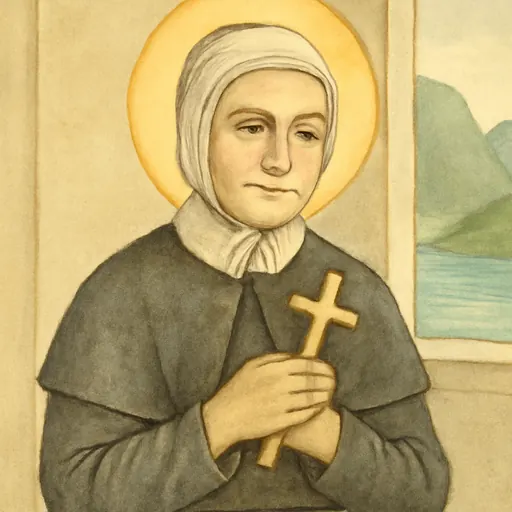 Watercolor-style portrait of St. Vincenza Gerosa, a gentle Italian woman of about fifty in a plain black habit and white cap, holding a crucifix