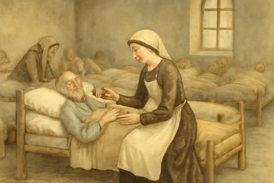 Watercolor scene of a young woman in a plain dress and apron nursing a sick man in a crowded ward of a poor house during an epidemic