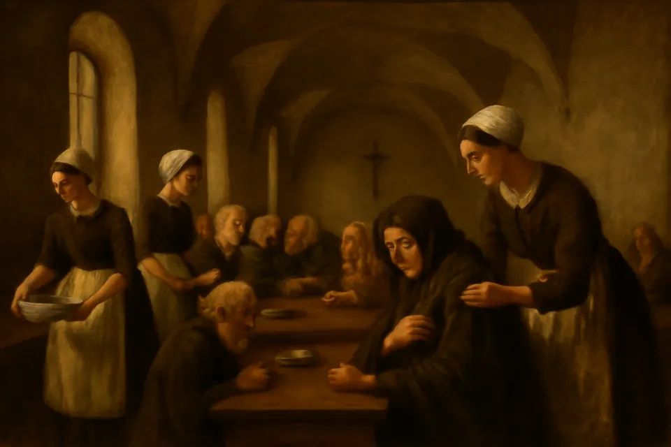 Oil-painting-style scene of four women in simple dark dresses serving soup to elderly men and women at long tables in an old almshouse hall
