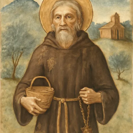 Fresco-style portrait of St. Vitalis of Assisi as a barefoot hermit in a patched brown habit with long hair, holding a small woven basket