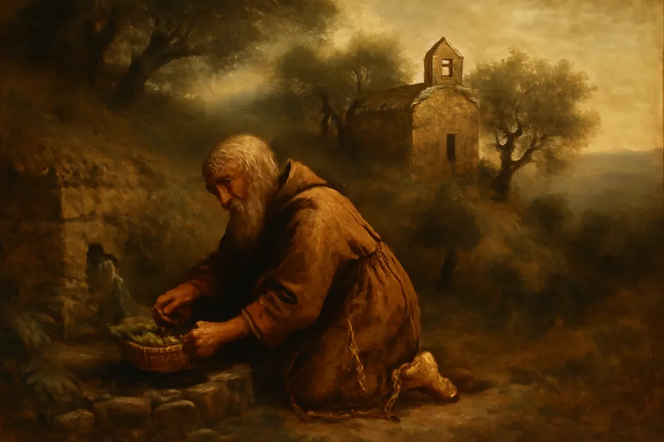 Oil-painting-style scene of an old barefoot hermit in a ragged habit kneeling at a small spring to fill a woven basket lined with leaves, below a stone chapel among olive trees