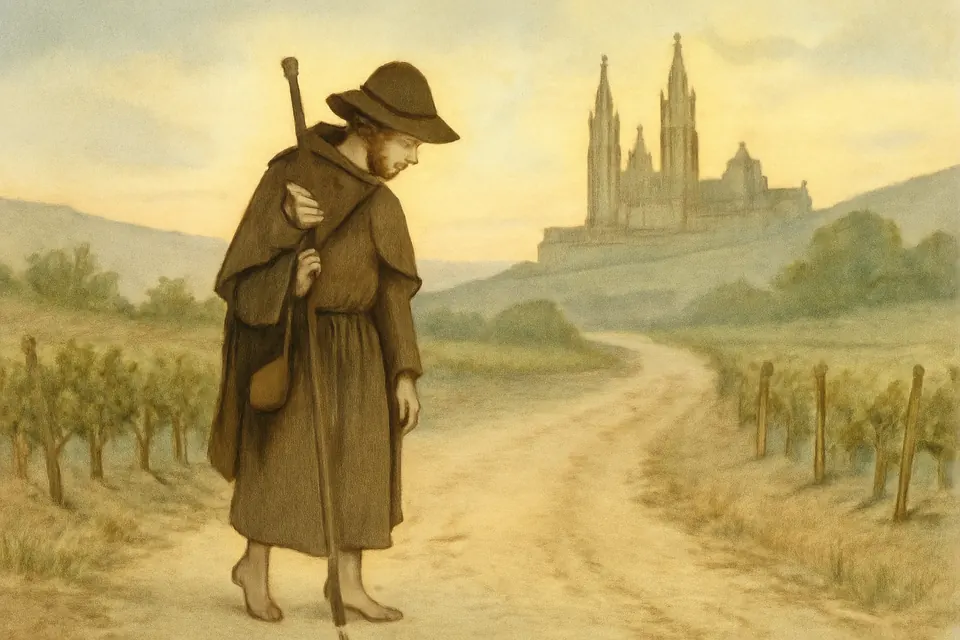 Watercolor-style illustration of a young man in a rough pilgrim's cloak with a staff and gourd walking alone on a dusty road toward a distant cathedral