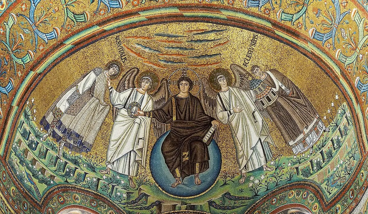 Gold-ground Byzantine apse mosaic of a young Christ seated on a blue globe between two angels, holding out a jeweled crown to a saint in rich robes on the left, while a bishop on the right offers a model of a church