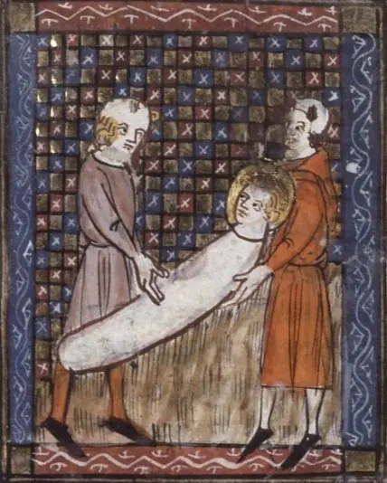 Small medieval manuscript painting of two men lowering a haloed man wrapped in a white shroud into the ground, against a checkered red and blue background