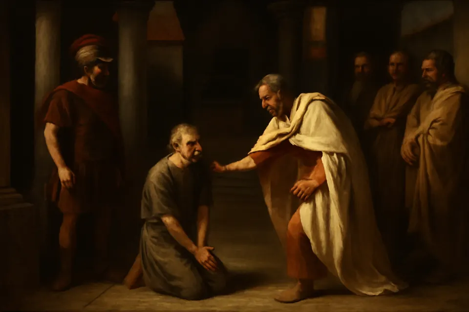 Oil-painting-style scene of Vitalis in a Roman courtyard at Ravenna, laying a hand on the shoulder of a frightened physician who kneels before an executioner