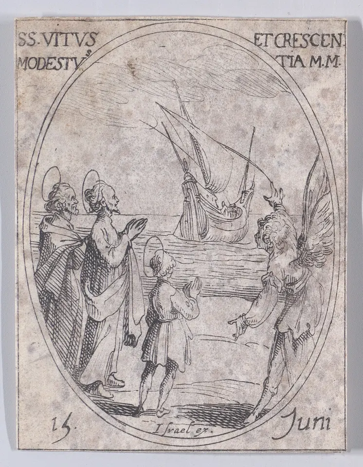 Oval etching of a boy and two adults with halos standing on a shore beside a winged angel, with a sailing boat on the water behind them