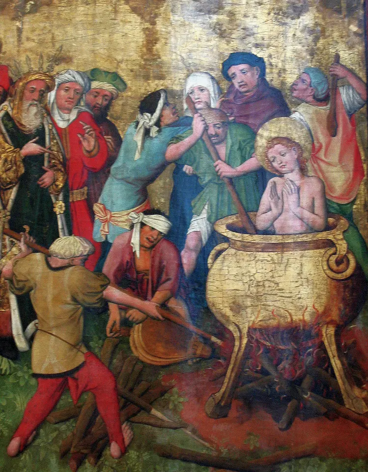 Crowded medieval panel of a haloed boy praying calmly in a large golden cauldron over a fire while men in colorful clothes stoke the flames and watch