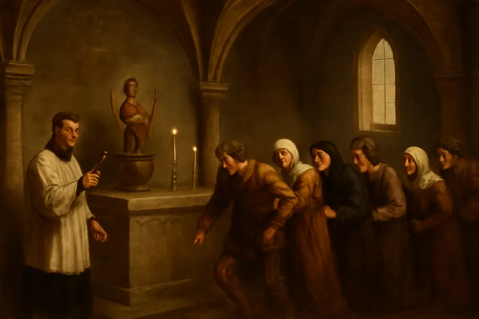 Illustration of late medieval pilgrims, some trembling and supported by relatives, being led around the altar of a small stone chapel dedicated to St. Vitus