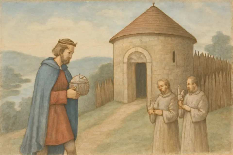 Illustration of Prince Wenceslaus carrying a reliquary into a small round stone church on the hill of Prague Castle in the 10th century