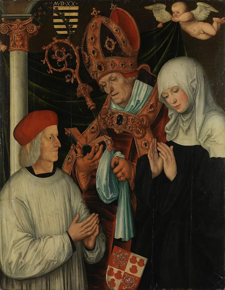 Painting of a kneeling bishop in a red cap and white surplice with St. Willibald in a jeweled miter and red cope and St. Walburga in a black habit and white wimple holding a small flask