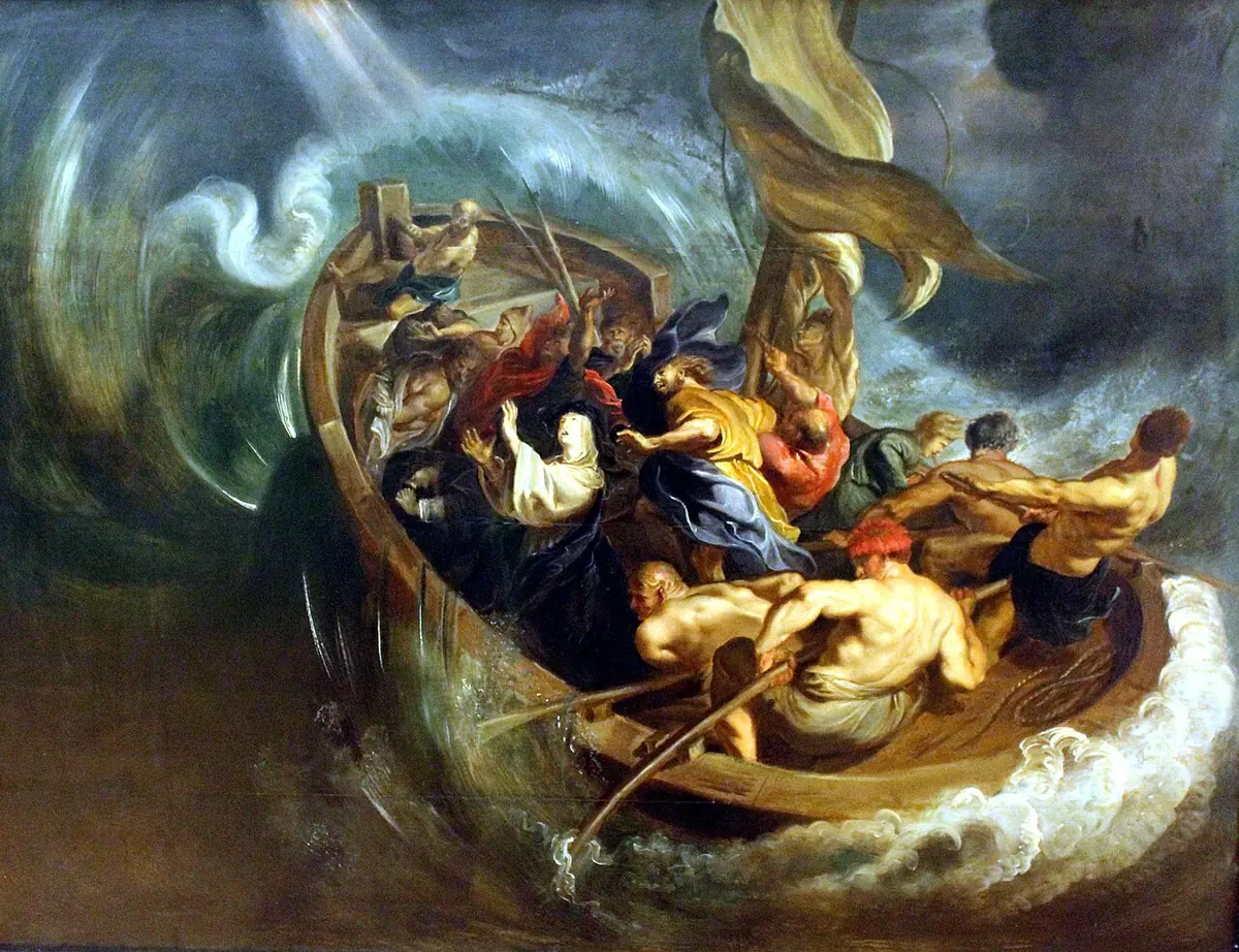 Swirling Baroque painting of a small boat in a stormy sea, crowded with straining rowers and passengers, a nun at its center raising her hands in prayer