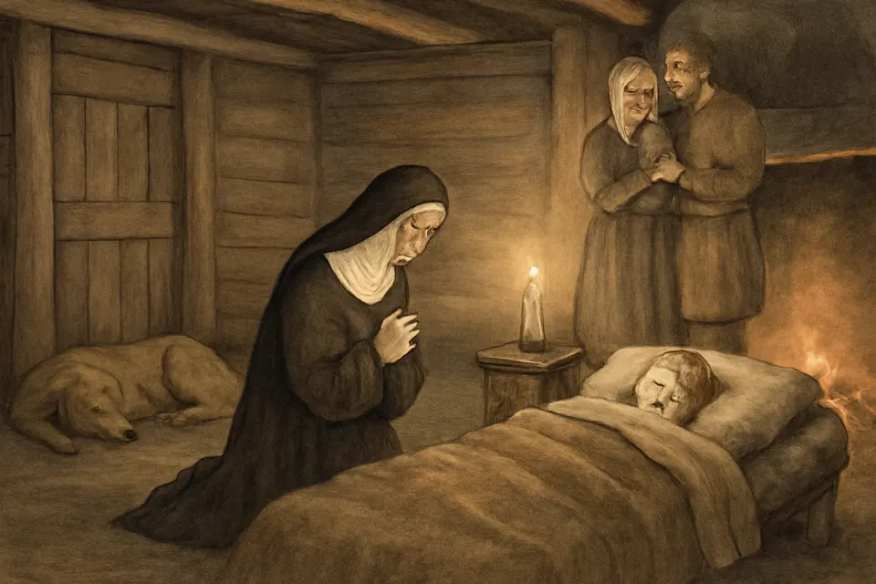 Watercolor-style scene of an abbess praying beside the bed of a sick girl in a simple timber house at night while the girl's parents watch
