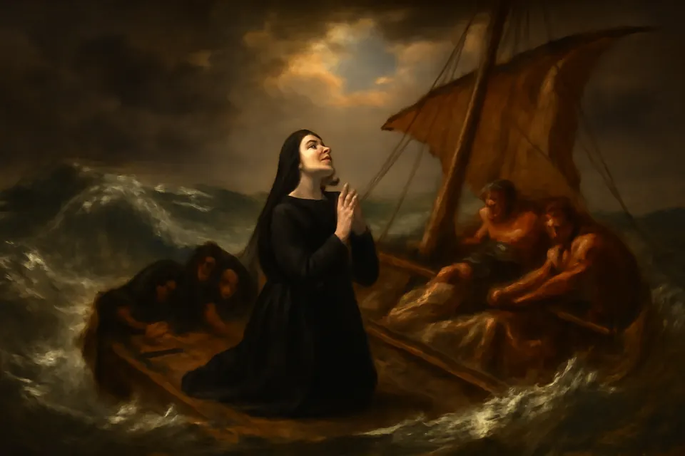Oil-painting-style scene of a young nun kneeling in prayer on the deck of a small ship tossed in a storm as frightened sailors haul at the ropes