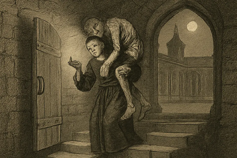 Engraving-style scene of a young monk carrying a starving peasant on his shoulders out of a monastery dungeon at night