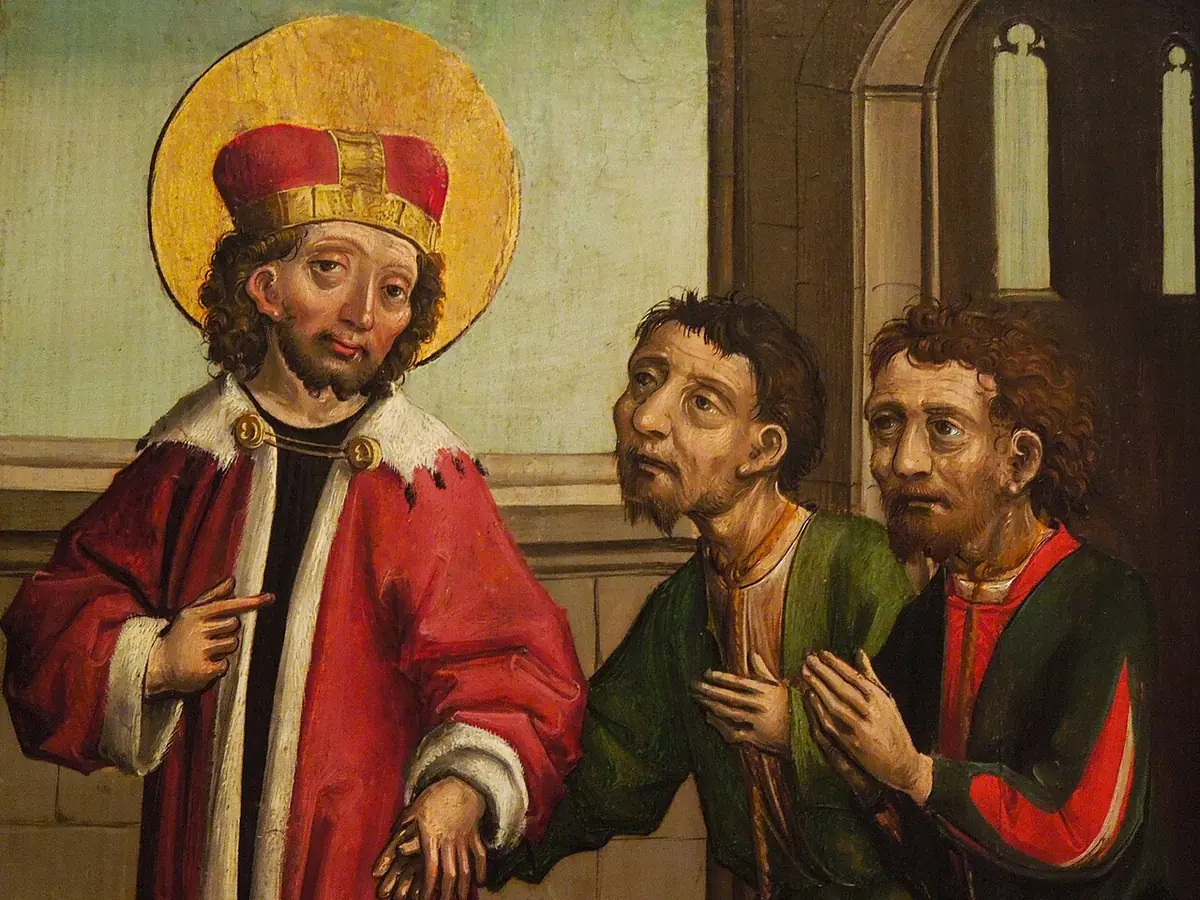 Late Gothic panel of a young haloed duke in a red cap and red ermine-lined robe, turning toward two grateful freed prisoners who clasp their hands