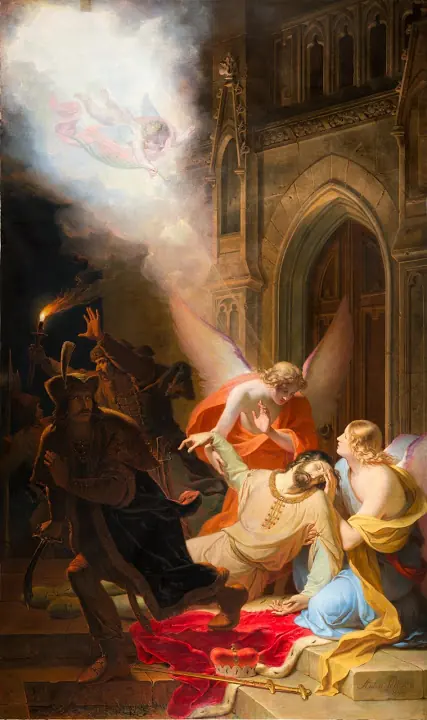 Romantic painting of a church doorway at night where the fallen duke Wenceslaus is held by angels in a beam of light while dark figures with swords retreat