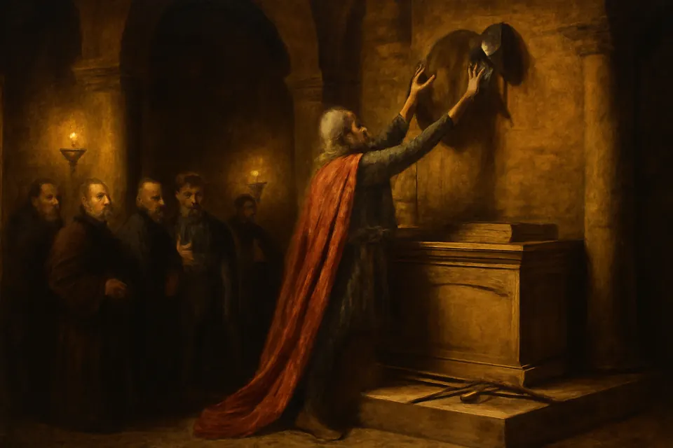 Oil-painting-style scene of a Frankish count in mail hanging his helmet and shield above a martyr's tomb in a candlelit church