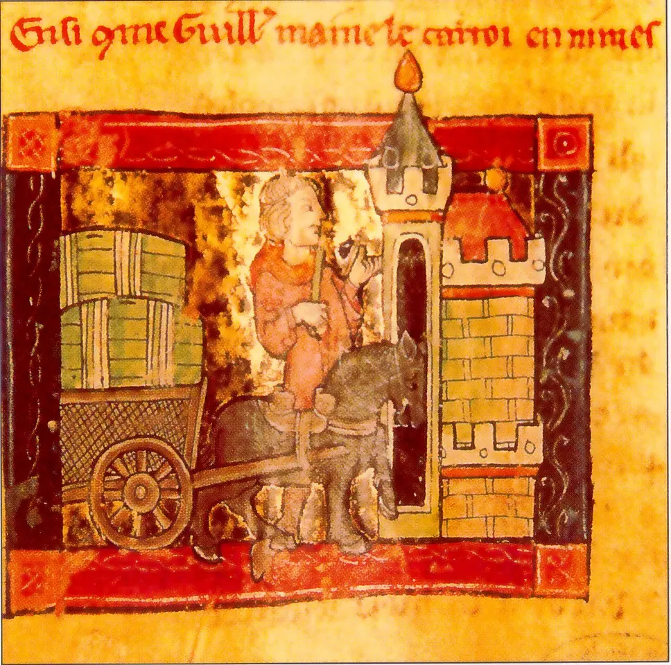 Medieval miniature in red and gold of an ox cart loaded with barrels at the gate of a walled town, with a man in a tall cap guiding it