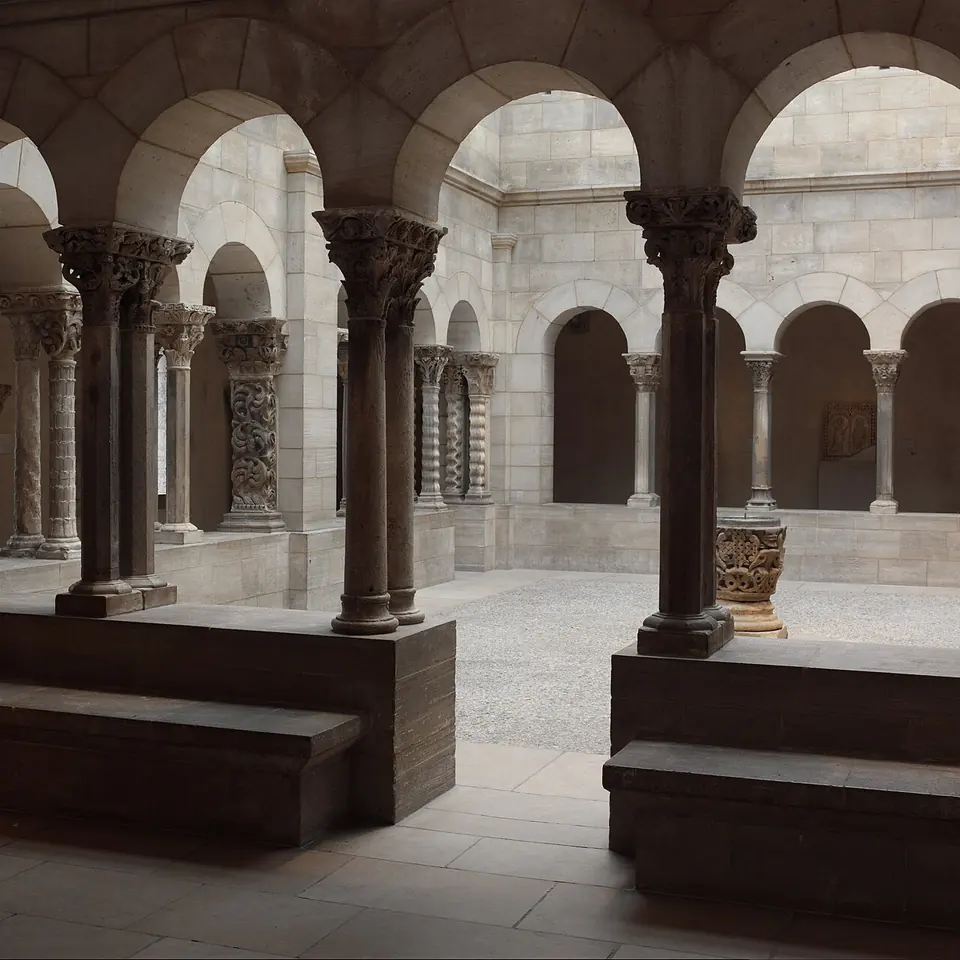 A reconstructed Romanesque cloister walk with round arches on paired columns topped by carved capitals, around a sunlit courtyard