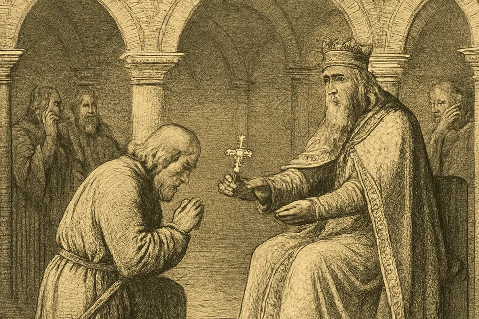 Engraving-style scene of Charlemagne handing a small reliquary of the True Cross to a kneeling count in his palace