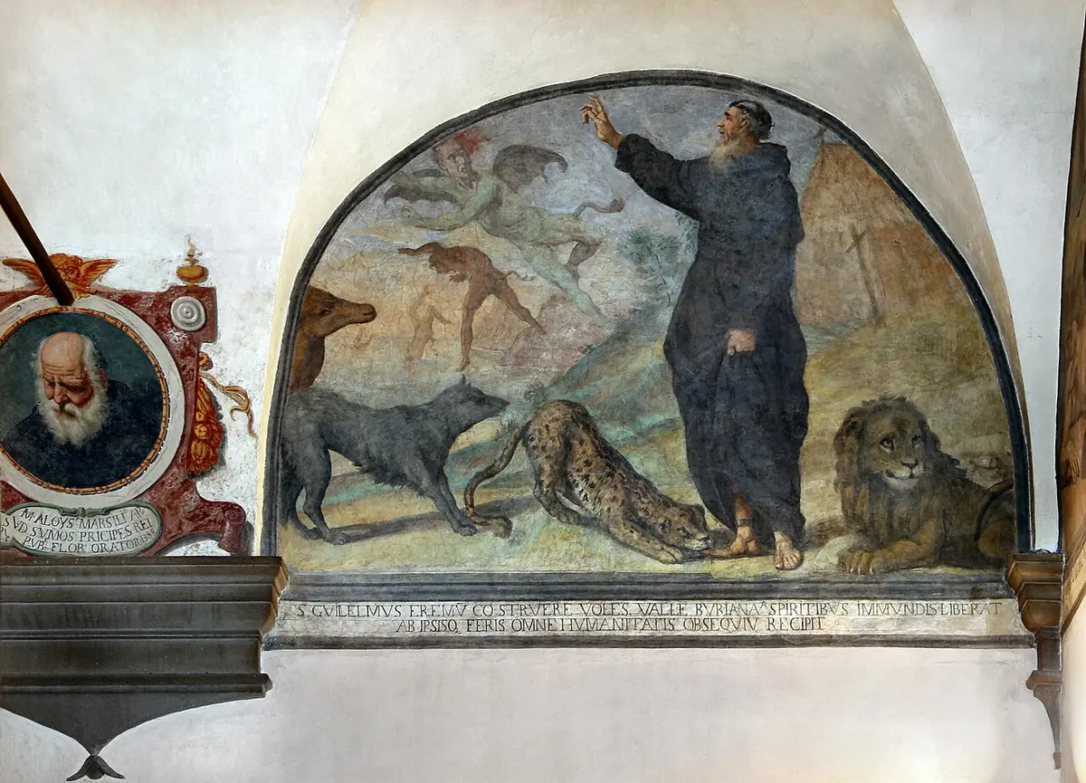 Lunette fresco of a hermit in a black habit raising his hand toward winged demons fleeing over a rocky hillside, while a lion, a leopard and a wolf crouch at his feet
